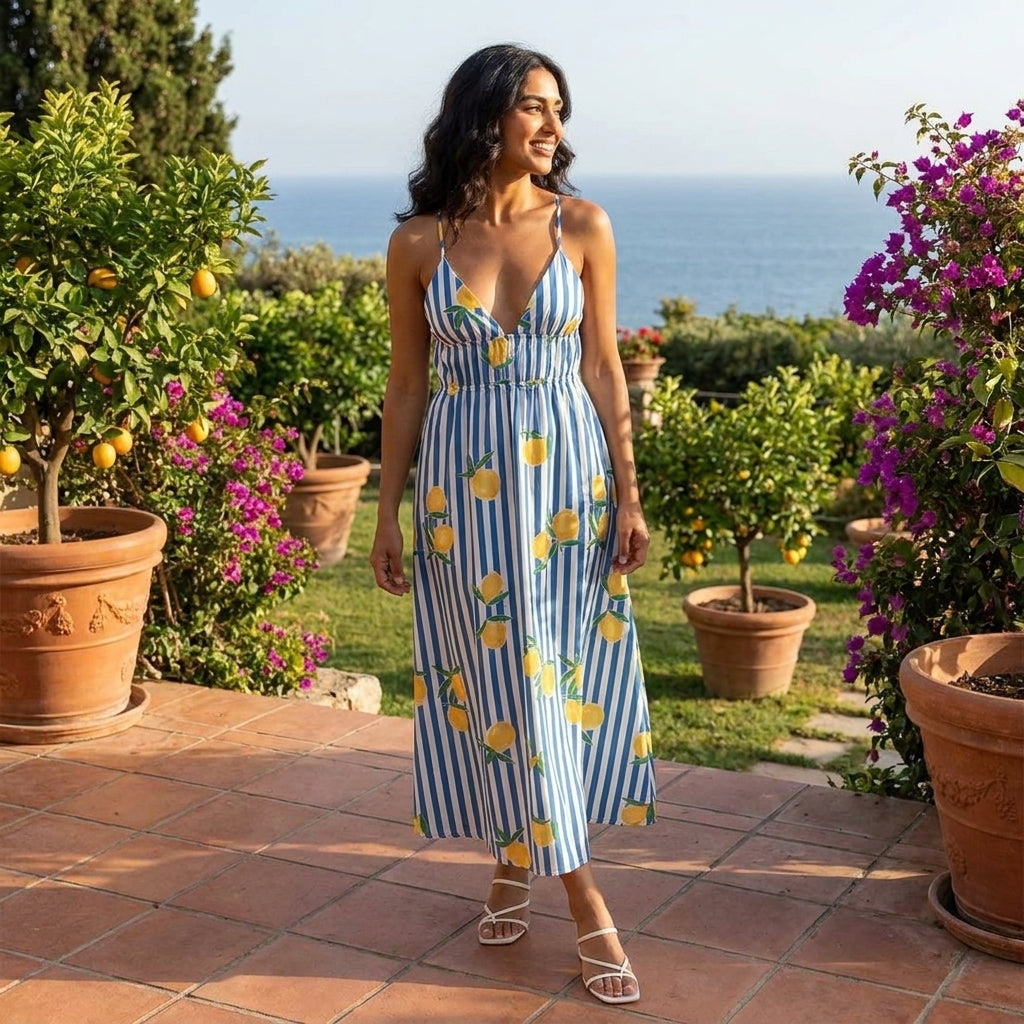 Woman in a lemon-patterned dress, garden background, ocean view.