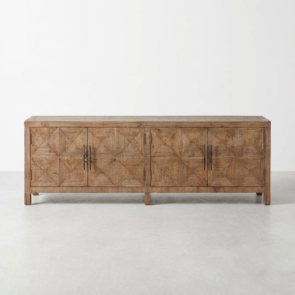Wooden sideboard with geometric patterns and four doors.