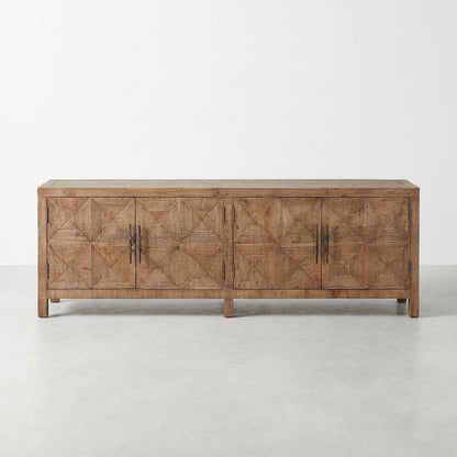 Wooden sideboard with geometric patterns and four doors.