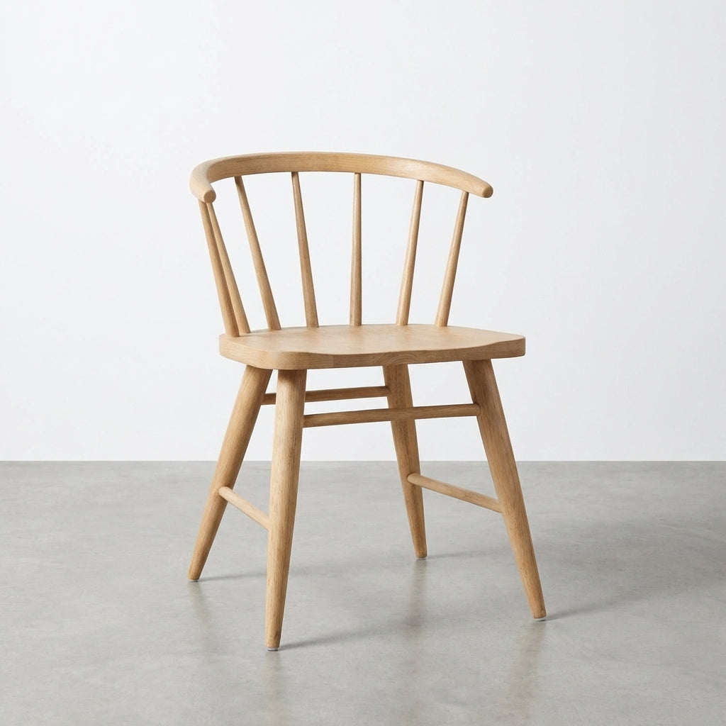 Side view of a wooden chair with a simple design.