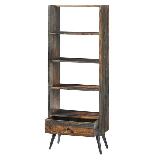 Wooden bookshelf with four shelves and one drawer on angled legs.