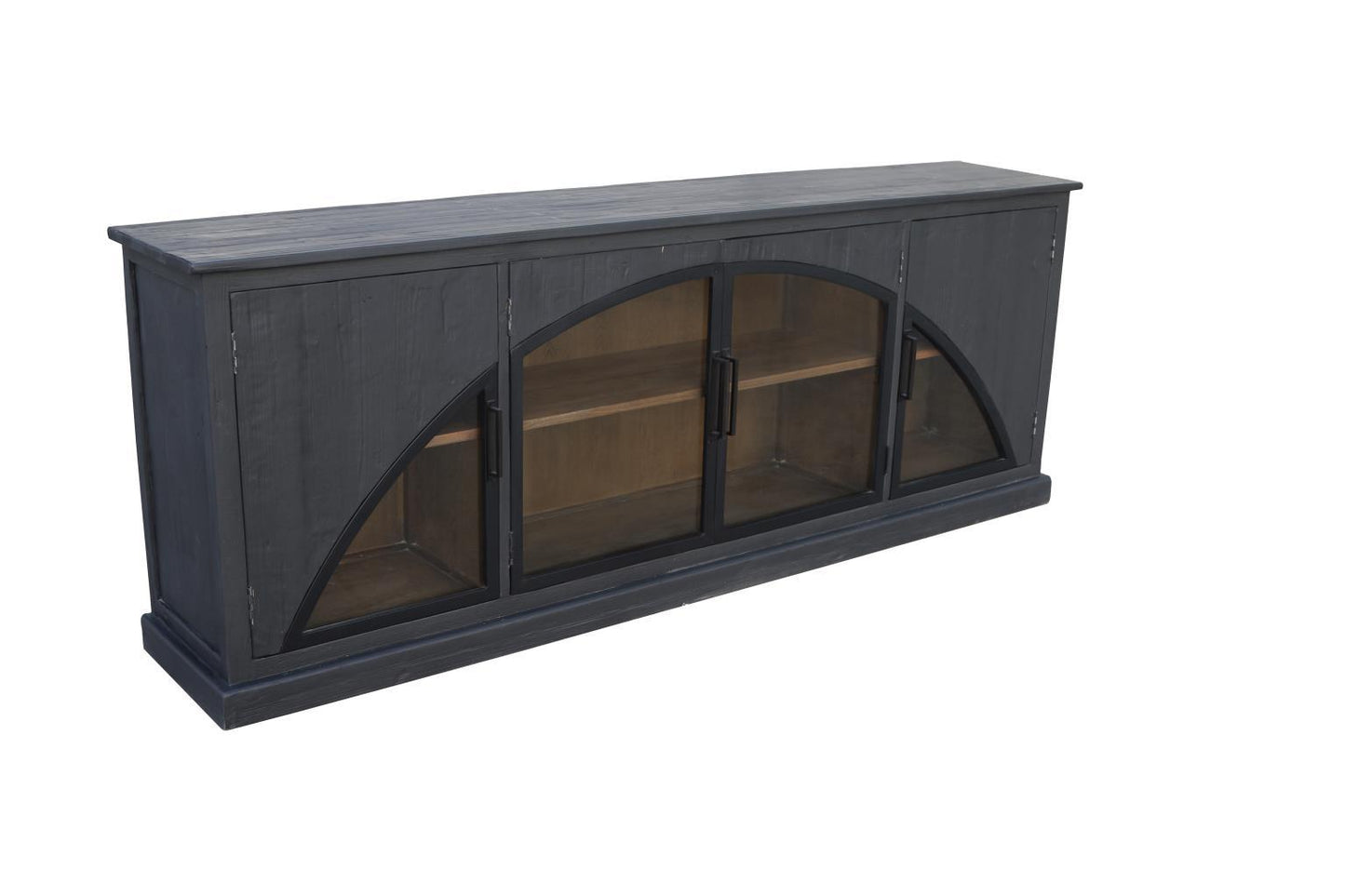 Sleek dark wooden cabinet with glass-paneled doors.