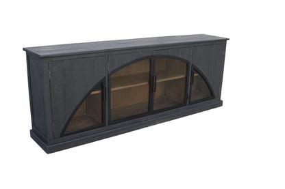 Sleek dark wooden cabinet with glass-paneled doors.