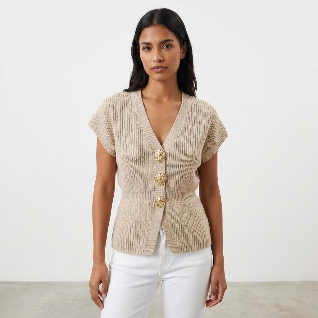 Woman in beige knit top with large gold buttons.