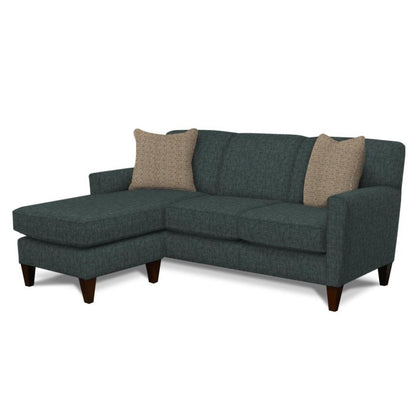 A dark teal L-shaped sofa with beige cushions.