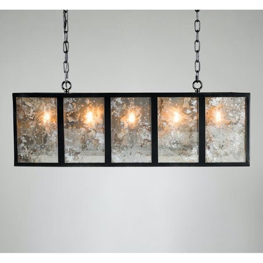 Industrial rectangular pendant light with five vintage-style bulbs.