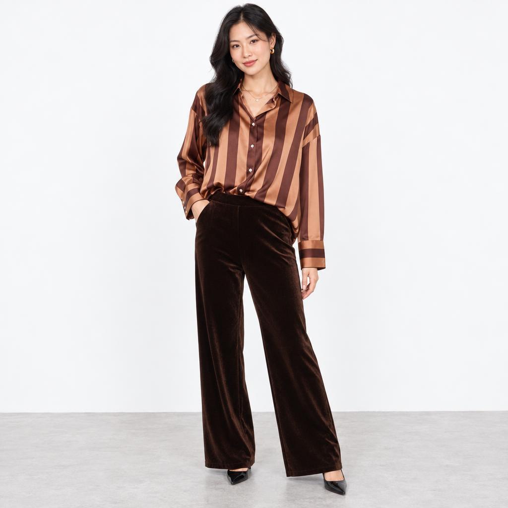 A woman models a striped satin blouse and dark brown velvet wide-leg pants.