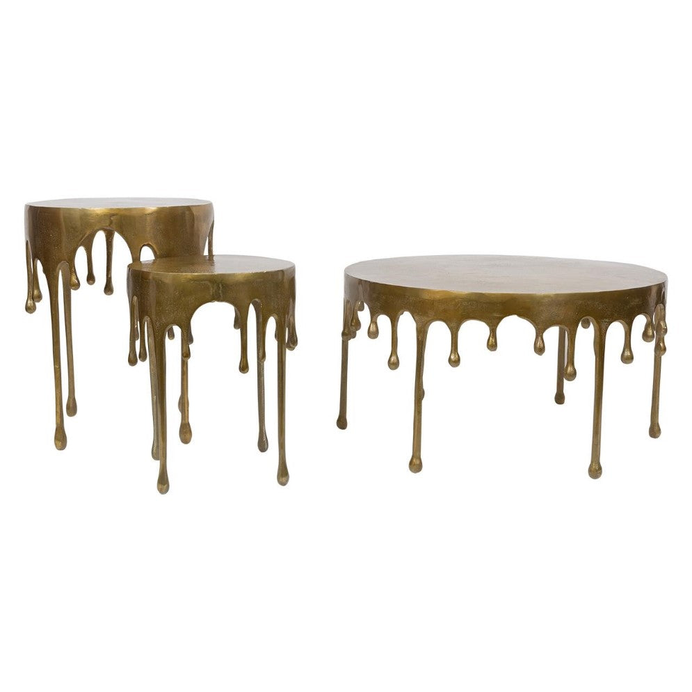 Brass tables with flowing, drip-like designs.