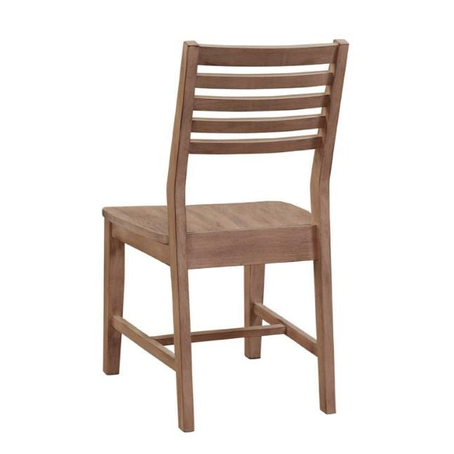 Wooden chair with a slatted backrest, viewed from behind.