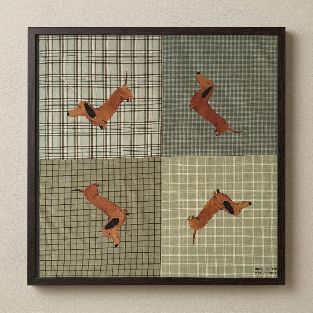Framed patchwork with plaid patterns and brown dachshunds in various poses.