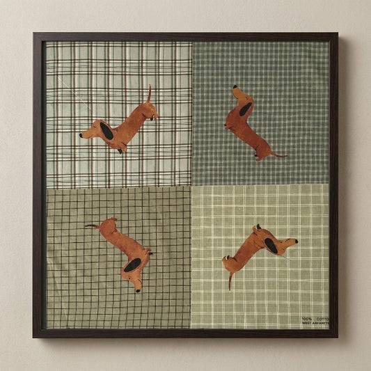 Framed patchwork with plaid patterns and brown dachshunds in various poses.