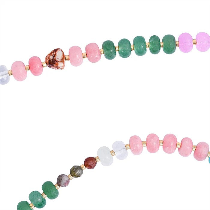 Colorful round beads strung in two rows with small metal spacers.