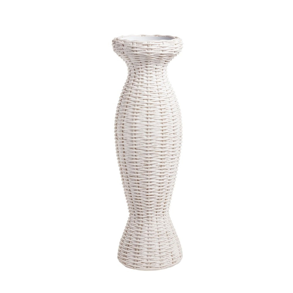 Tall white wicker vase with a flared top and textured ridges.