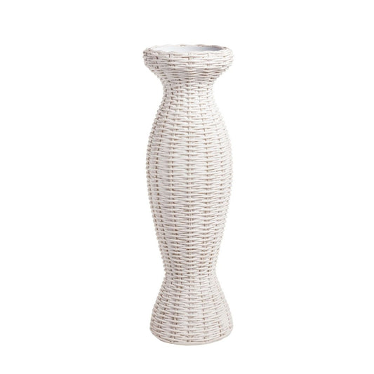 Tall white wicker vase with a flared top and textured ridges.