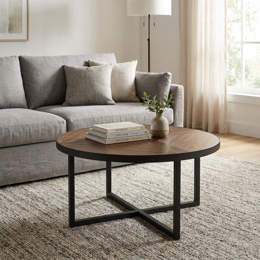 Round wooden table with metal legs and a geometric design.