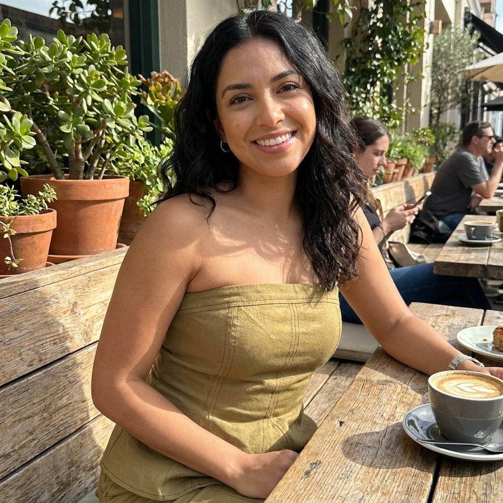 Smiling woman enjoys coffee on a sunny outdoor patio.