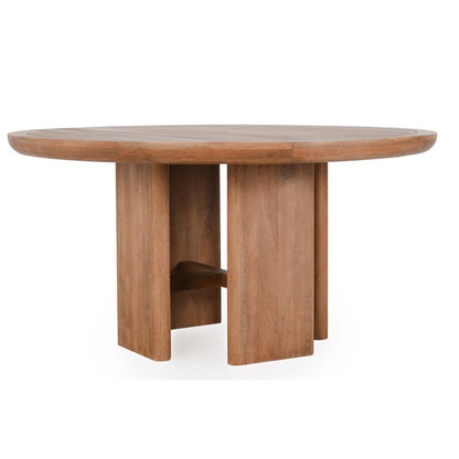Round wooden table with unique block-style legs.