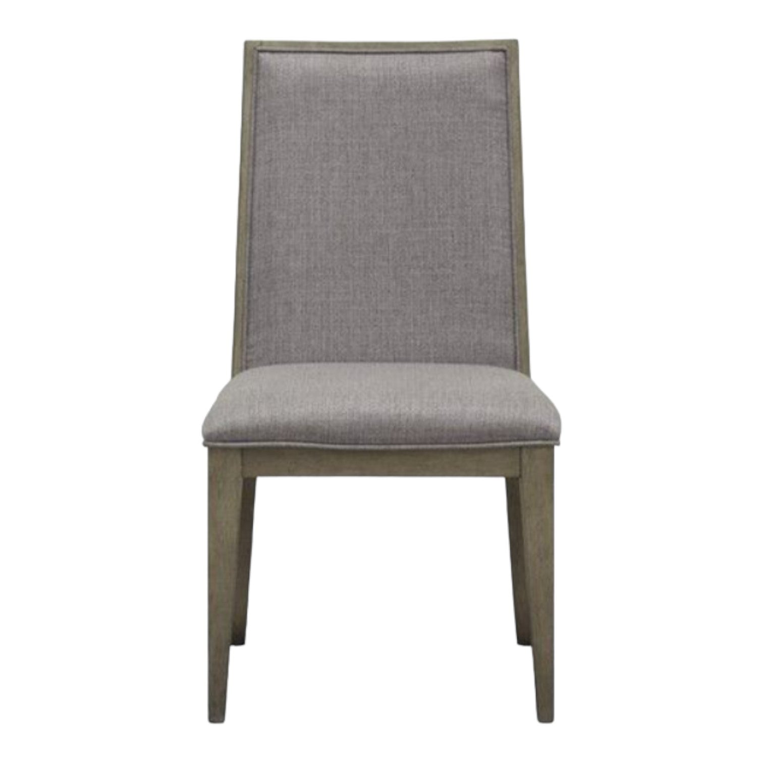 Gray upholstered chair with wooden frame, front view.