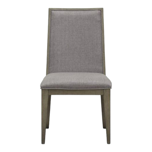 Gray upholstered chair with wooden frame, front view.