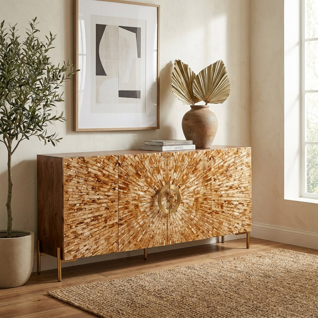 Wooden sideboard with a sunburst design and metallic legs.