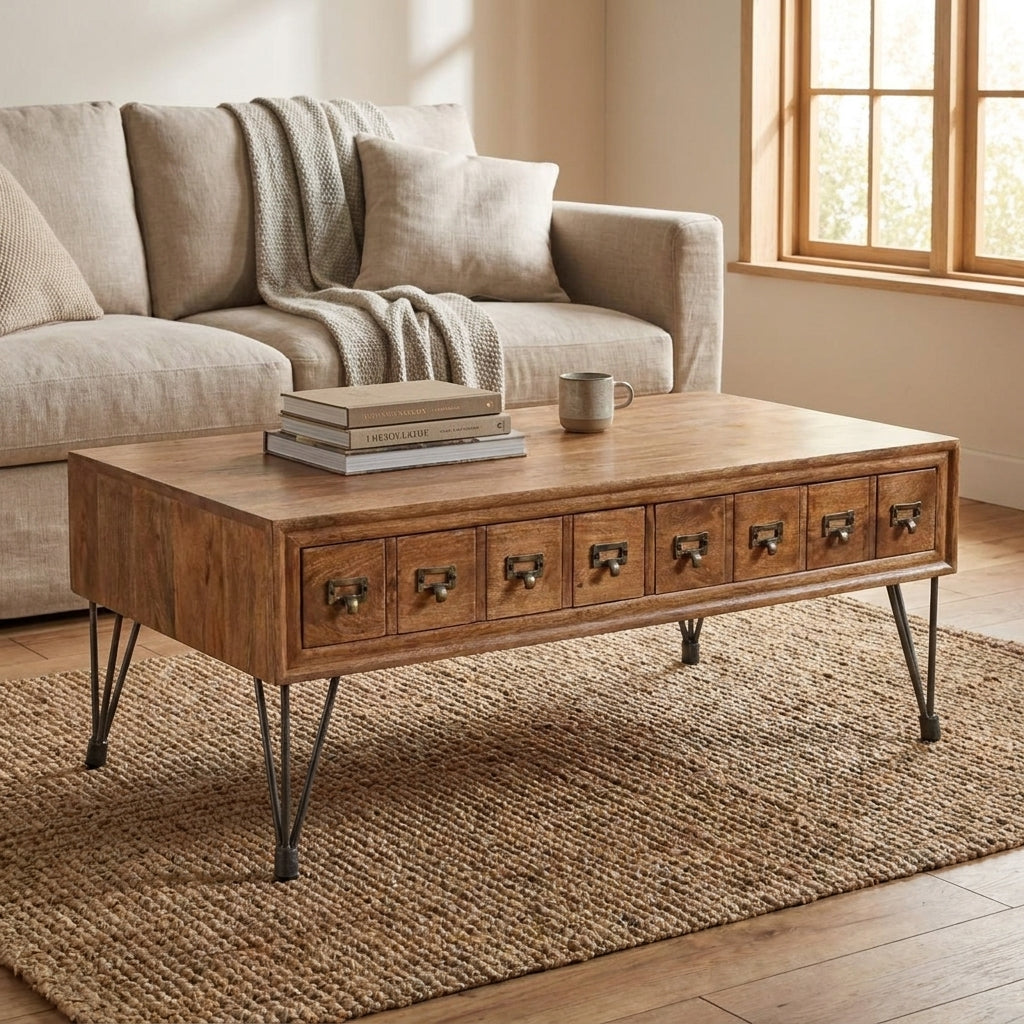 Retro wooden coffee table with metal legs and multiple drawer-style compartments.