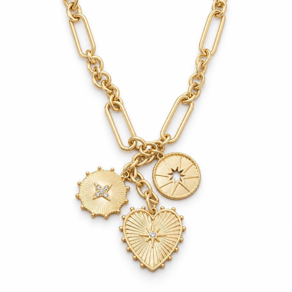 Gold chain with three star-themed charms.