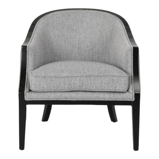 Gray modern armchair with curved black frame.