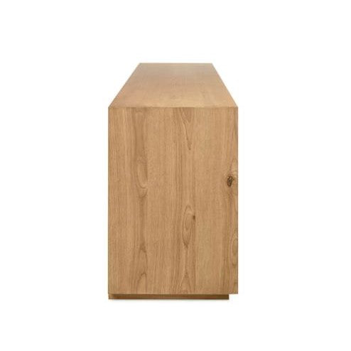 Side view of a wooden table with a light brown, natural finish.