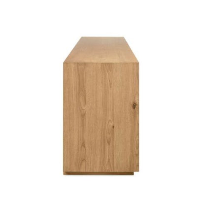 Side view of a wooden table with a light brown, natural finish.