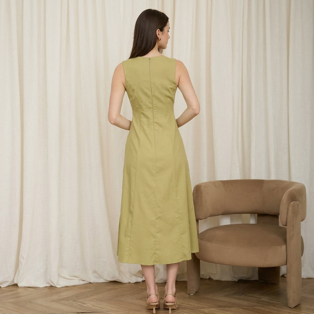 Woman in olive dress stands by a brown chair, facing beige curtains.