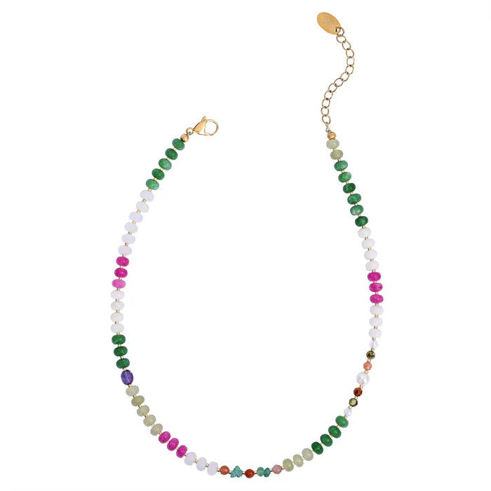 Colorful beaded necklace with gold clasp.