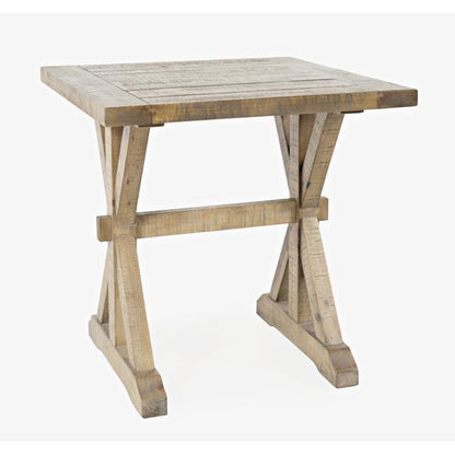 Rustic wooden side table with a cross-braced design.
