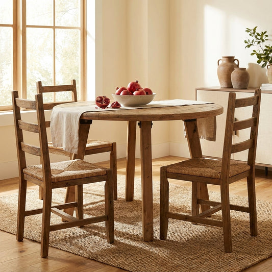 Round wooden table with three legs.