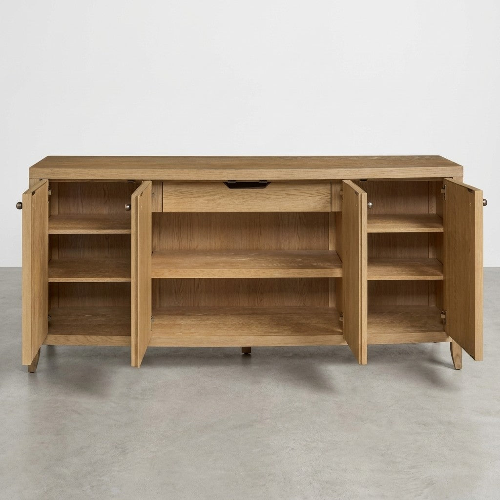 Wooden sideboard with open shelves and doors, spacious design.