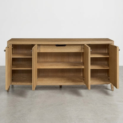 Wooden sideboard with open shelves and doors, spacious design.