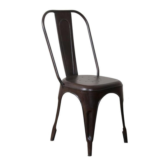 Metal chair with a dark finish and minimalist design.