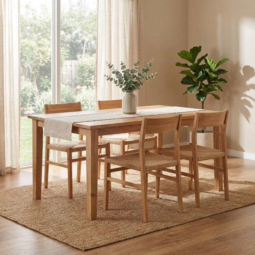Simple wooden table with four legs.