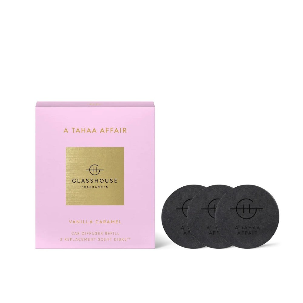 Pink box of car diffuser refills with three round scent disks.