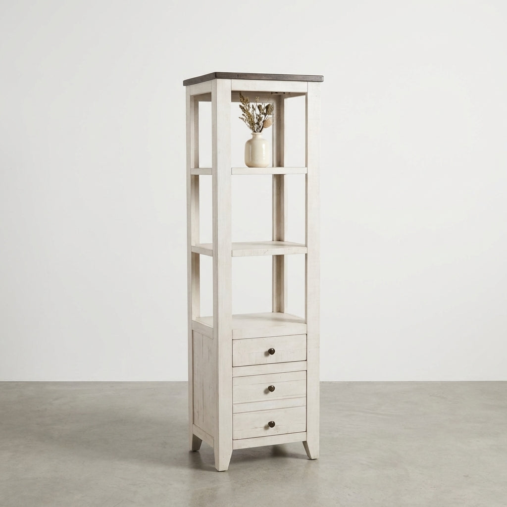 White shelf with drawers and dark top.