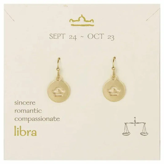 Libra earrings with symbols, traits, and dates.