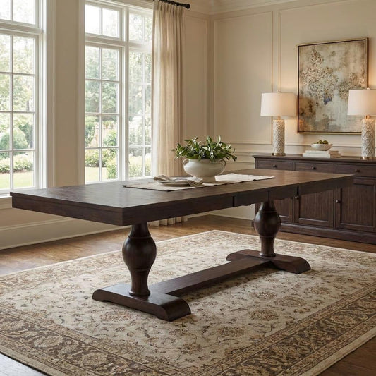 Elegant dining room with large wooden table and windows.