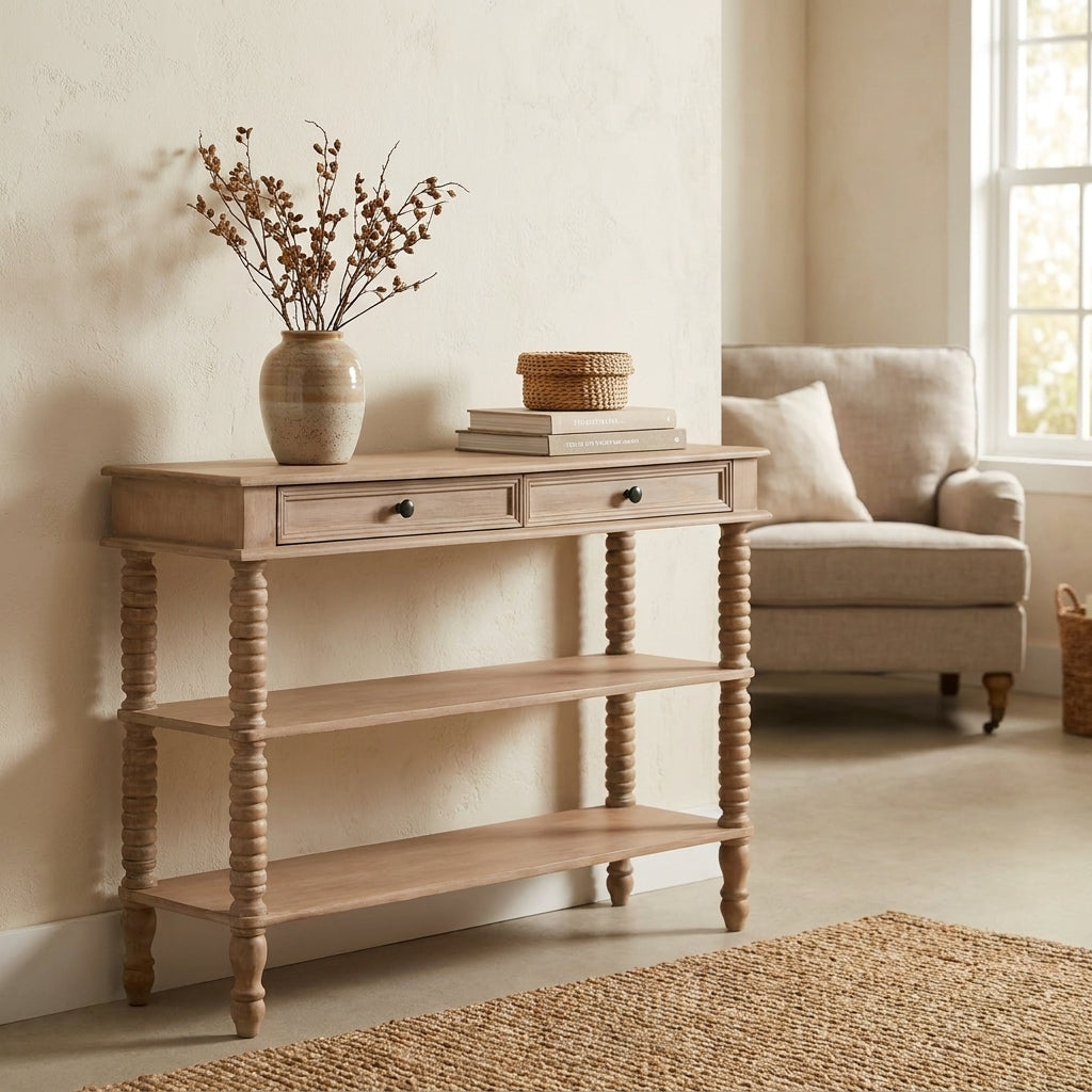 Wooden console table with vase, wicker basket, beige chair, and natural light.