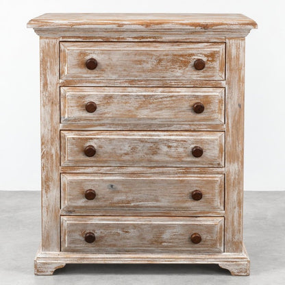 Rustic wooden chest with five drawers and round knobs.