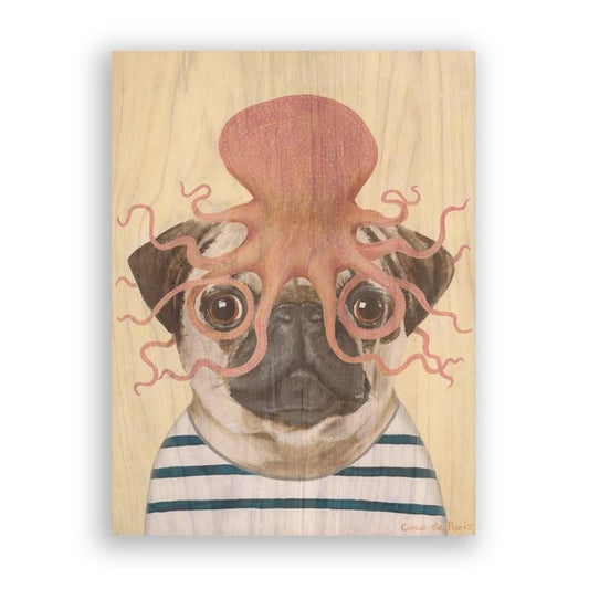 Picture of "Pug with Octopus" Wood Block Art Print