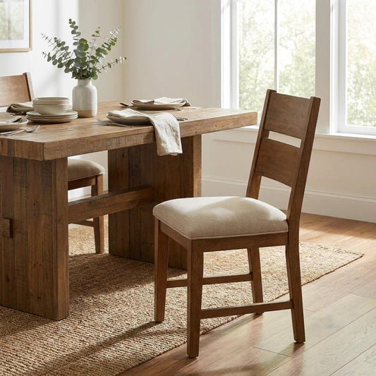 Cozy dining room with wooden table and chairs, minimal table setting.