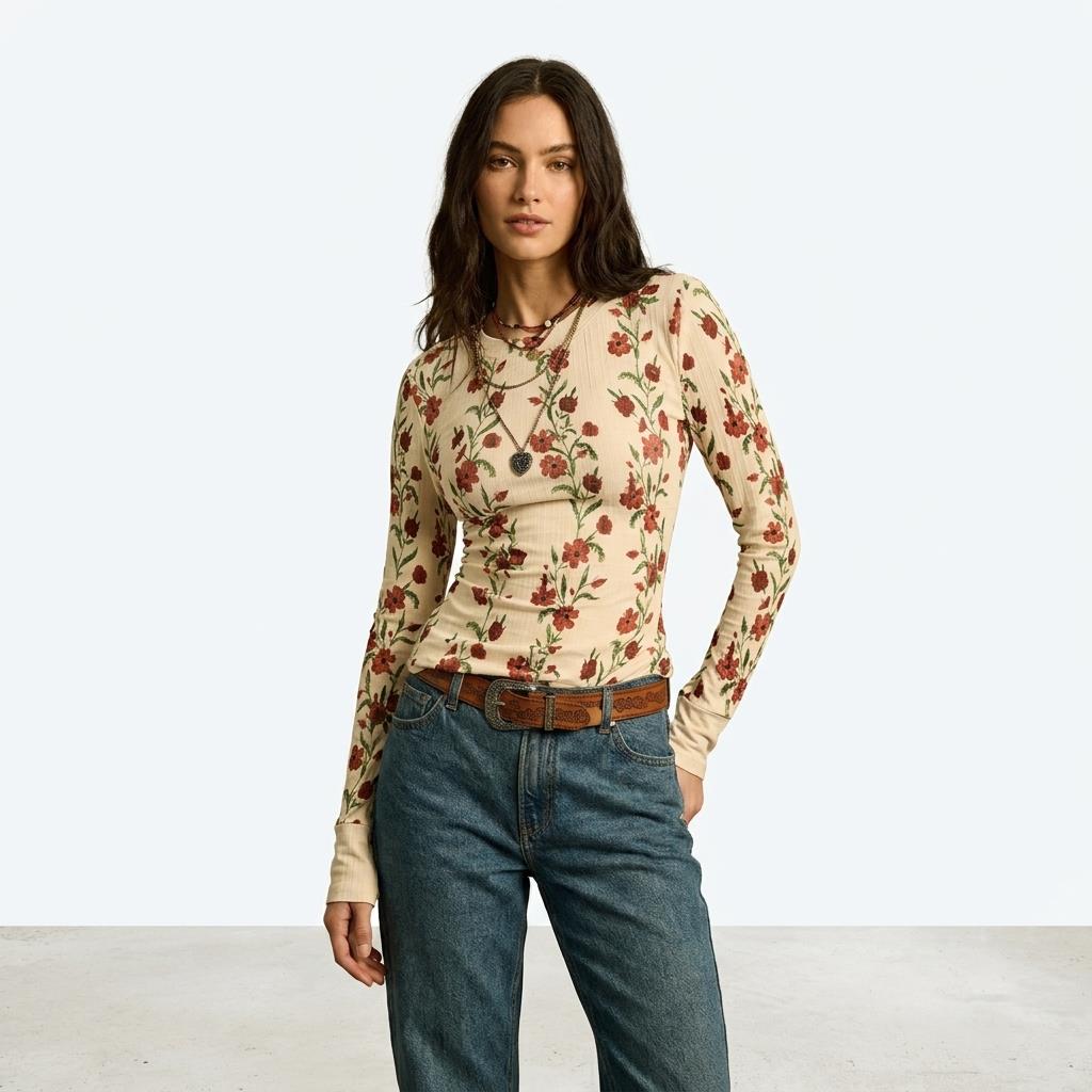 Woman in floral top and jeans, hands in pockets, posing confidently.