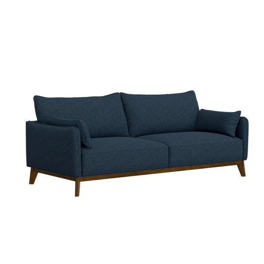 Dark blue modern sofa with wooden legs against a white background.
