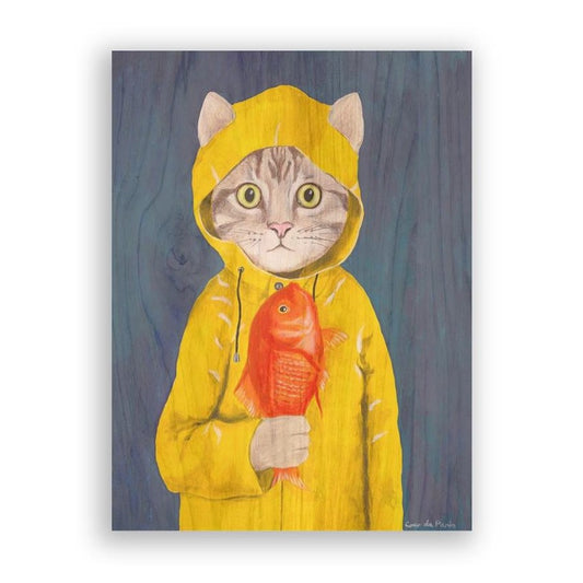Picture of "Raincoat Cat with Fish" Wood Block Art Print