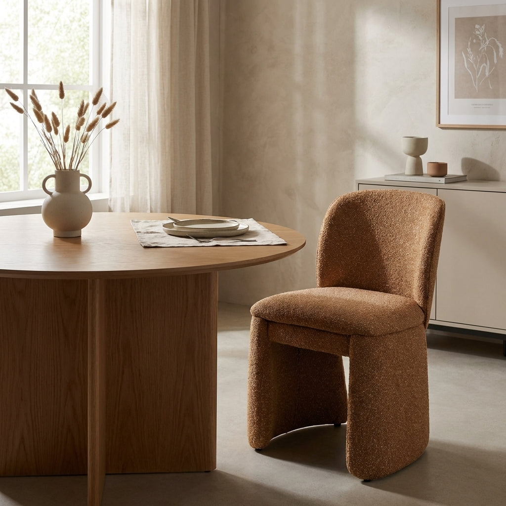 Modern brown chair with a unique, curved design.