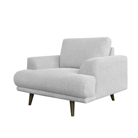 Modern gray armchair with wooden legs on a white background.
